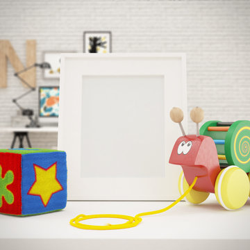 White Photo Frame Mock Up in Children Room, Vintage white wooden picture frame and Toys on a white table. Creative room full of toys, Mock Up Background, Children illustration, Kid