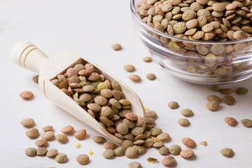 lentils with scoop and glass bowl
