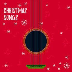 Christmas songs - vector illustration for disc cover with holiday music. Guitar with strings and snowflakes on background - 118629609