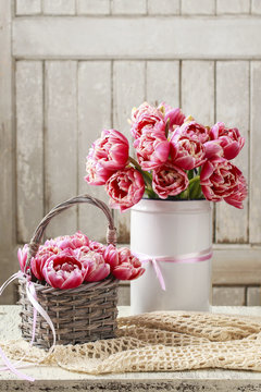 Floral arrangement with pink tulips