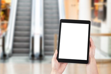 business and modern lifestyle concept: young woman shopping online, blank screen