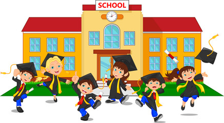 Happy graduates holding certificates in front of the school