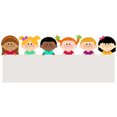 Group of children holding a blank banner. Vector illustration