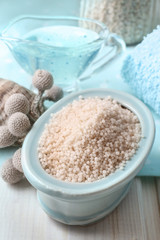 Blue spa set: sea salt, liquid soap, towel