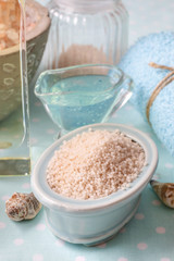 Blue spa set: sea salt, liquid soap, towel