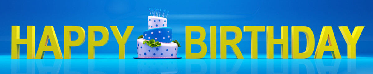 Happy Birthday 3D Illustration, Render Of 3D Letters And Cake, Blue-Yellow Version