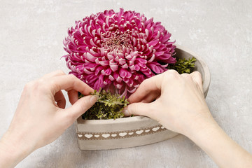 Florist at work: how to make simple floral arrangement with pink