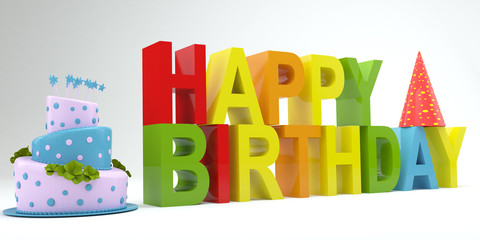 Happy Birthday 3D Illustration, Render Of 3D Letters And Cake