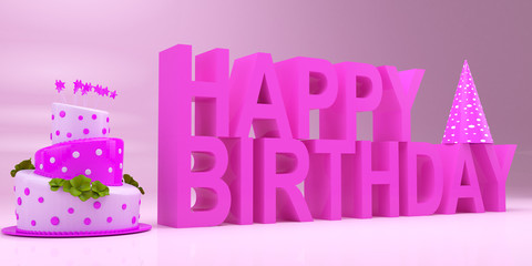 Happy Birthday 3D Illustration, Render Of 3D Letters And Cake, Purple-Pink Version