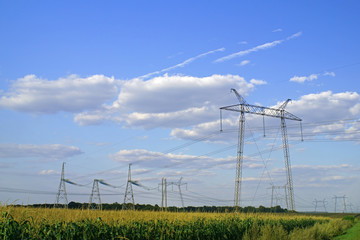 Fototapeta na wymiar High voltage transmission towers in the corn field