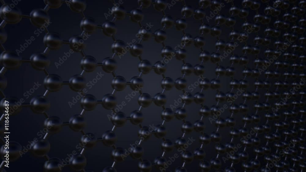 Poster atomic structure of graphene, dark gray background. 4k seamless loop able dolly clip