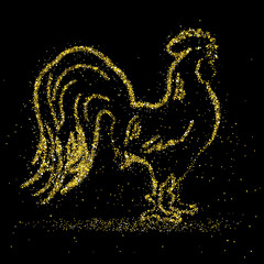 Golden glitter rooster on black background. Chinese calendar for the 2017. Cock shine silhouette. Zodiacal sparkling symbol. Vector EPS 10.