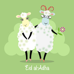 Eid-al-adha greeting card with cartoon family sheep and lettering. Muslim festival of sacrifice. Vector Illustration.