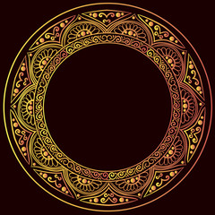 drawing of a round gold gradient frame  with floral ornament on a black background