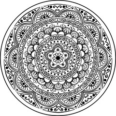 Drawing of a abstract vector with floral round lace mandala, decorative element in ethnic tribal style, black line art on a white background