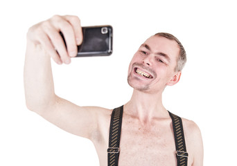 Funny naked man taking selfie