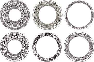 Set of five ornamental black floral round frames on a white background - 118636044