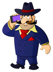 Cartoon mafioso smoking a cigar and talking on the phone.