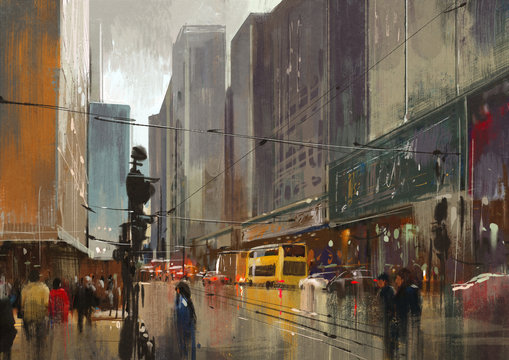 urban city street digital painting,cityscape,illustration