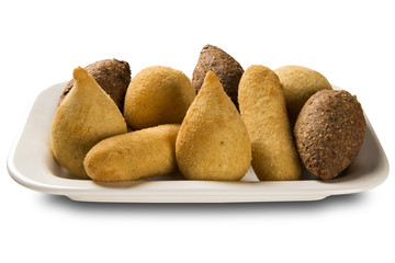 Mixed brazilian snack on white background.