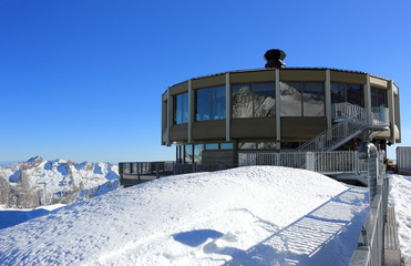 The world's highest revolving restaurant. Overlooking glaciers and the highest peaks of the Swiss Alps. Mittelallalin Station, Switzerland.