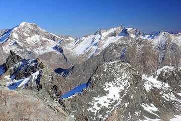 View from Mittelallalin Station. Overlooking glaciers and the highest peaks of the Swiss Alps.