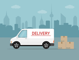 White delivery van with shadow and cardboard boxes on city background. Product goods shipping transport. Fast service truck    © alazur