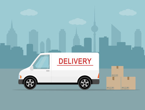 White delivery van with shadow and cardboard boxes on city background. Product goods shipping transport. Fast service truck 
