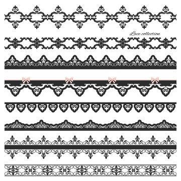 Set of black straight lace. Lines. Borders.