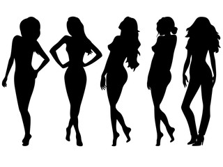 Set of five female silhouettes over white