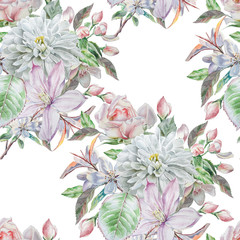 Seamless pattern with spring flowers. Rose. Chrysanthemum. Clematis. Watercolor.