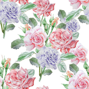 Seamless pattern with red roses. Watercolor illustration.
