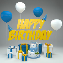 Happy Birthday 3D Illustration, Render Of 3D Letters, Balloons, Gifts And Cake, Blue-Yellow Version