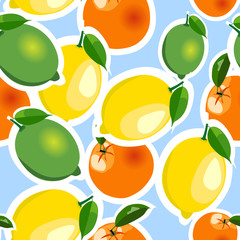 Seamless pattern with lemon, orange, lime stickers. Fruit isolated on a blue background