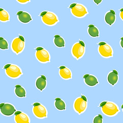 Seamless pattern with small lemons and limes with leaves. Blue background.