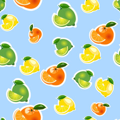 Seamless pattern with lemon, orange, lime with slices. Fruit isolated on a blue background