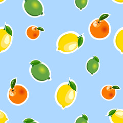 Seamless pattern with lemon, orange, lime. Fruit isolated on a blue background