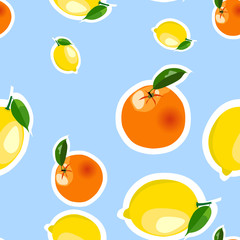 Seamless pattern with lemon, orange stickers. Fruit isolated on a blue background