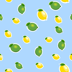 Seamless pattern with small lemons and limes with green leaves. Blue background.