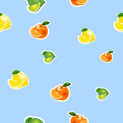 Seamless pattern with small lemon, orange, lime with slices. Fruit isolated on a blue background