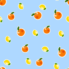 Seamless pattern with small lemon, orange stickers. Fruit isolated on a blue background