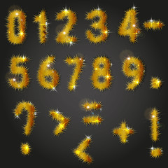 Collection of vector numbers and punctuation mark decorated with shining golden pine branches