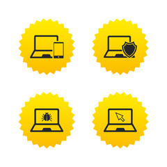 Notebook laptop pc icons. Virus or software bug. © blankstock