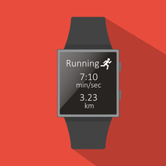 Smart watch with running icon, flat concept  long shadow.Cartoon style. Vector illustration. Red background.