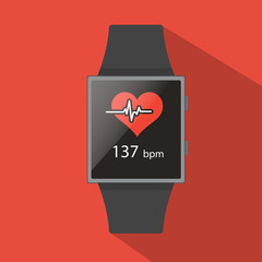 Smart watch with heart rate icon, flat concept  long shadow.Cartoon style. Vector illustration. Red background.