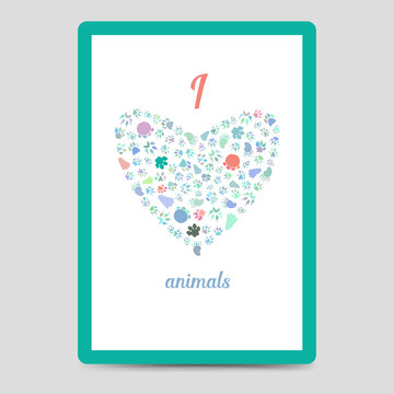 Postcard or flyer A6 format with heart from animal footprints and text I love animals. Vector illustration