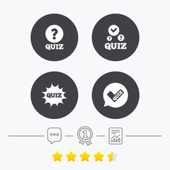Quiz icons. Speech bubble with check mark symbol