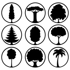 Set of icons of different trees as black silhouettes