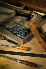 Fototapeta na wymiar Old wooden carpenter tools