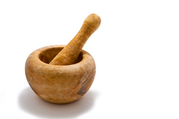 Wooden mortar isolated on white background. Side view.